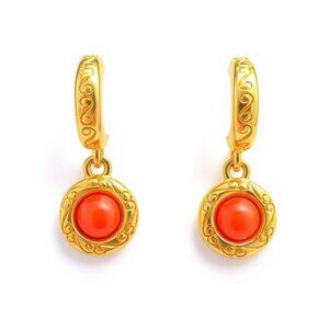 Gold-Tone Monet Hoop Earrings With Red Cabochon Dangles Vintage Style